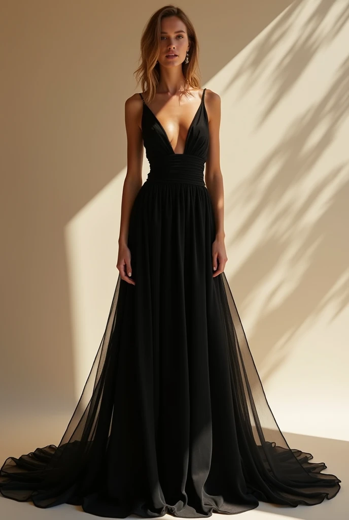 a dress in black that is long that is different from what is normally seen at weddings, Let out an intelligent but at the same time attractive look , That it is long and that it is not too close to the hip , That will suit a wedding during the day in a war...