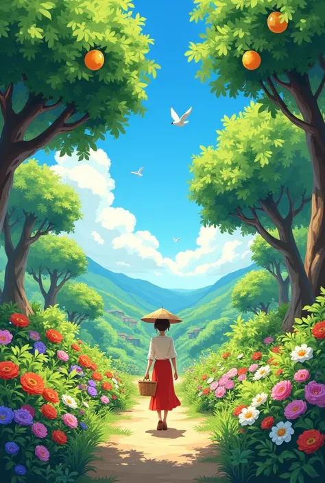 A bright and sunny garden filled with colorful flowers, tall green trees, and ripe fruits hanging from branches. A  wearing simple, traditional clothes walks happily through the garden with a small basket in hand. The sky is clear and blue, and birds are f...