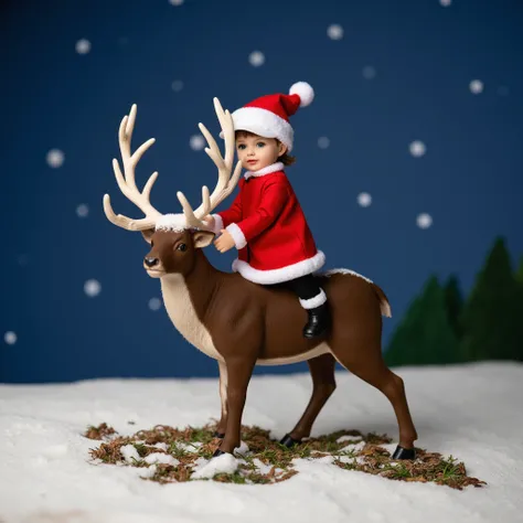 8K, a Santa girl dressed in a red coat, black pants, and black boots, is riding a brown reindeer with large antlers on its head. The antlers are adorned with white snow, adding a touch of warmth to the scene. The girl is adorned with a white Santa hat, and...