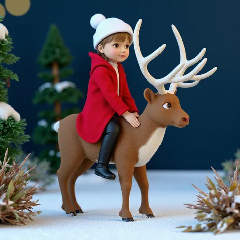 8K, a Santa girl dressed in a red coat, black pants, and black boots, is riding a brown reindeer with large antlers on its head. The antlers are adorned with white snow, adding a touch of warmth to the scene. The girl is adorned with a white Santa hat, and...