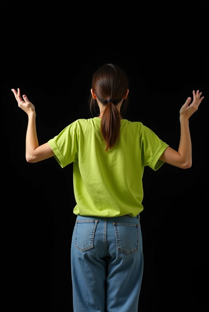 (Best quality, 32k, Raw photo, UHD), Realistic rendering, (Medium shot), (Woman from the back wearing a lime green t-shirt and baggy jeans, close-up without showing face), Conceptual pose, Commercial photo, Open arms, Focus more on the pants, Detailed skin...