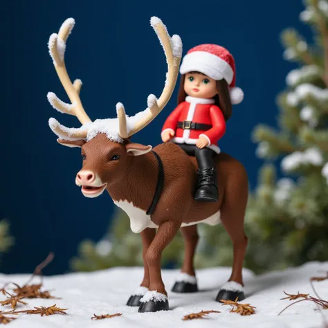 8K, a Santa girl dressed in a red coat, black pants, and black boots, is riding a brown reindeer with large antlers on its head. The antlers are adorned with white snow, adding a touch of warmth to the scene. The girl is adorned with a white Santa hat, and...