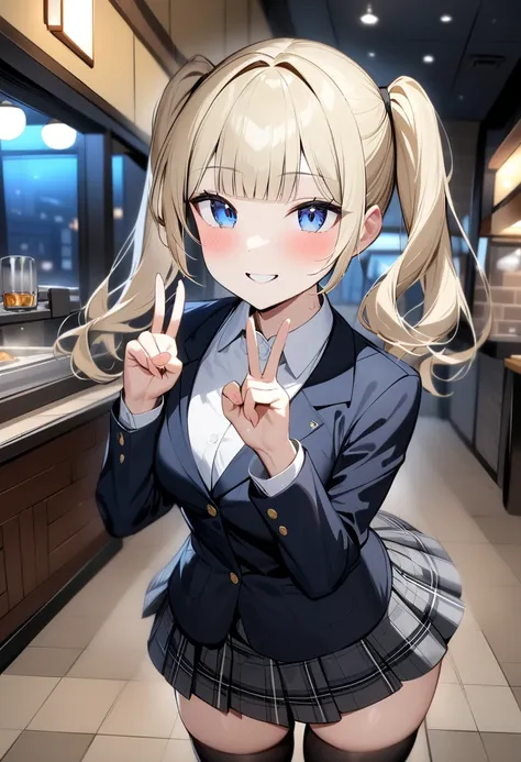 Masterpiece, Very authentic, 1girl, student uniform, plaid skirt, Blonde, twin tails, blunt bangs, blue eyes, nice smile, hand peace sign, black thighhighs, A bustling restaurant at night,