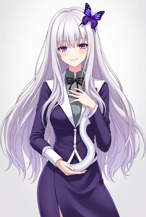 name:  Paula Suzuki
gender :  female skin
Age :  19
eye color :  purple with a white sheen
hair color :  white and purple locks your hair reaches up to your hips
mascot :  a white snake called Haru is on his neck
accessories :  a purple butterfly brooch 
b...