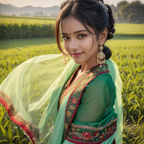 (best quality,8k,highres,masterpiece:1.2),ultra-detailed,realistic,indian woman,30 years old,in a green field, full body image,glowing skin,bun hair style,looking at viewer,beautiful detailed face,Shy smile,white silk saree with red rose embroidery,detaile...