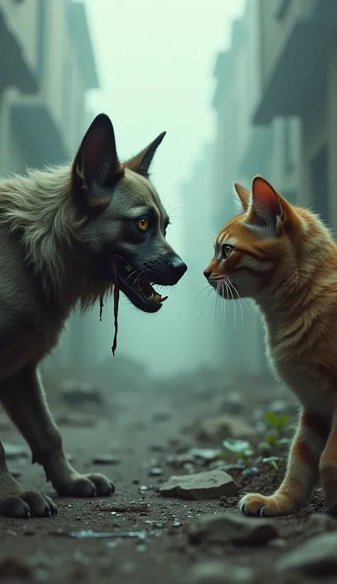 dog and cat facing each other in zombie style