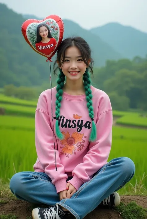  A beautiful  Korean woman, big nose, her hair in green elongated plaits, wearing pink printed switer "Vinsya ",  wears long jeans and sneackers , sitting cross-legged smiling on a green hill ,  her hand holds 1 heart balloon with a picture of a beautiful ...