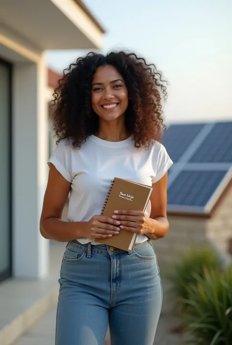 A beautiful Indian healthy big boobs woman, aged 26 years, standing near a solar panel on the roof of a house or carrying a diary with the cover written on " Sun Urja Energy Solution " or us woman in white tishirt and blue jeans wear background should be w...