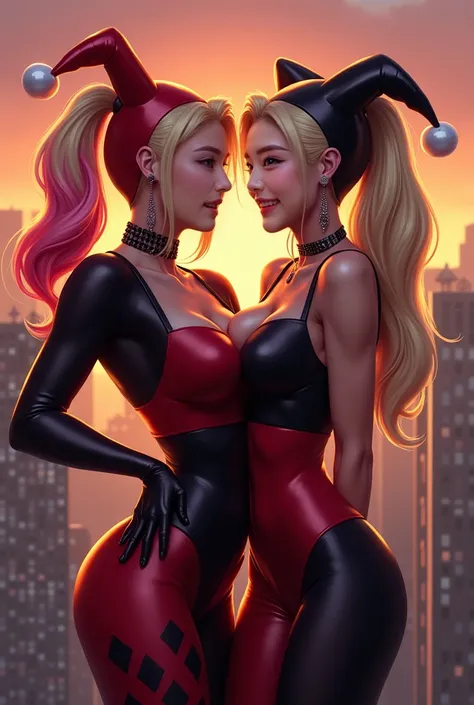 Harley Quinn is wearing her red and black outfit. She is in front of a city skyline, with the sun setting behind her. and Harley is holding her deck of cards. Both are smiling and laughing. digital painting style, big boobs, sexy body, sexy.