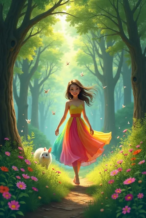 A  with a bright dress, walking through a lush green forest with tall trees and colorful flowers. A small, white rabbit peeks out from behind a bush, looking curious."
