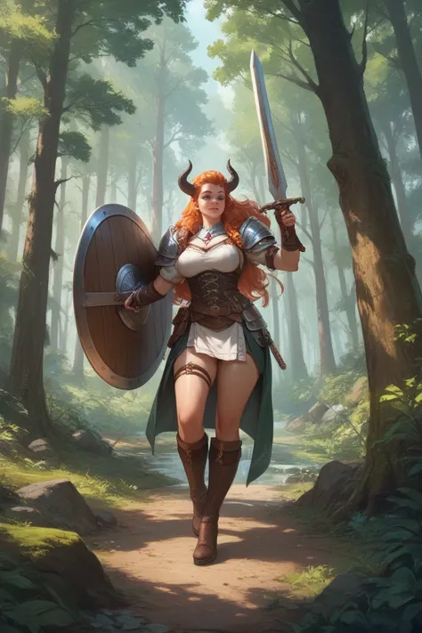 A strong giant woman stands full-length in an oak forest in her hand a sword and in her other hand a huge shield made of wood.