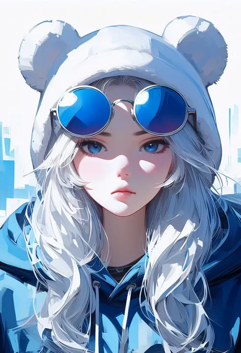 (masterpiece, best quality:1.2), 1 girl, unique, top-down-view meme sunglasses, bear beanie, frown, white hair, blue hue on image, blue eyes