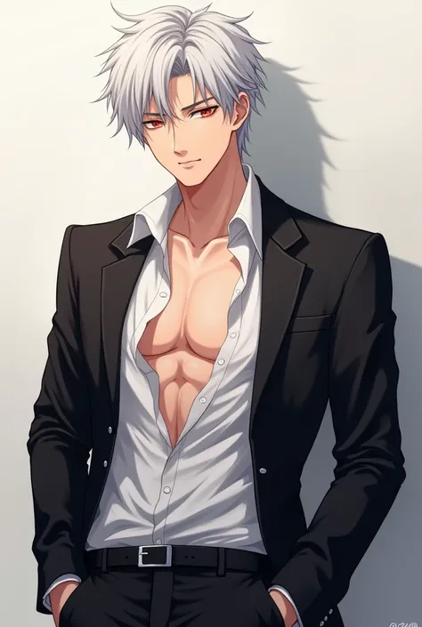 Sexy white haired anime boy in black formal clothes, his shirt ripped open revealing his sexy v line abs