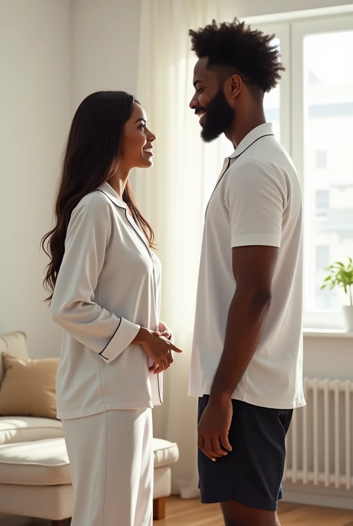  a beautiful African woman dark in complexion with long straight hair wearing a white pyjamas talking to jer handsome husband on Afro haircut wearing a white shirt and black shorts in aLiving room painted white Realistic paint 