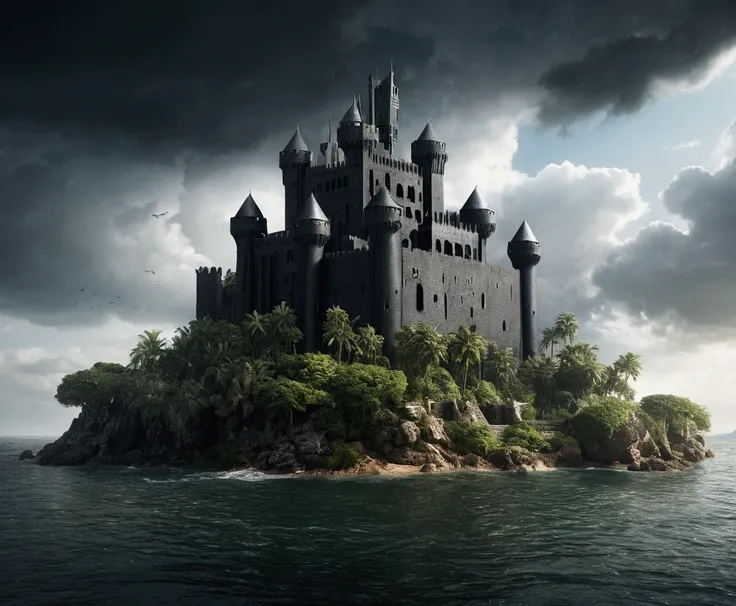  Large black castle ,  image seen from afar ,  Castle located on an island ,  Arab architecture mixed with medieval architecture , storm, heavy rain,  on one side of the island must have shipwrecks ,  two large towers one messianic and or water with a larg...