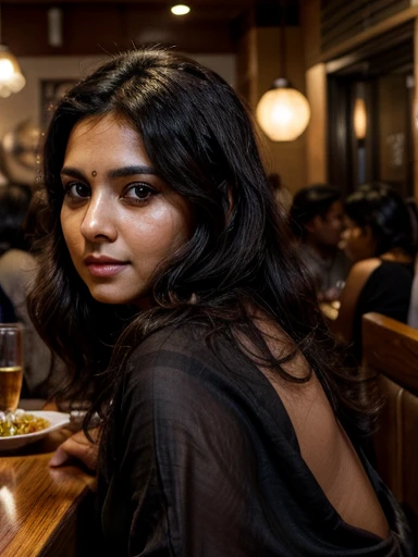 dark brown skin. latin face. With fat cheeks. slim. black hair, wavy but with a very fluffy volume that reaches the middle of the back. clear brown eyes. Black saree, sitting in a restaurant 