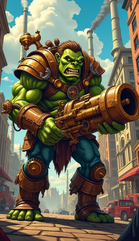 posterное искусство,  funny style  ,рисованый poster,steampunk,  gun maximum detail and quality, orc - mechanic  (( orc tolkien green leather ,fangs,muscles,Fierce )),with a gun,( drum gun , mechanical drive )),steampunk, одет в  доспехи в steampunk стиле,...