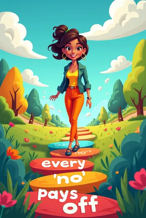 Generate a beautiful,inspiring,colourful,funny lady cartoon A stepping-stone path labeled "Every No Pays Off.