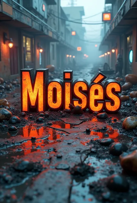  Create 3D Text "MOISÈS `  with a background of technological progress and also with many details of a sub-apocalyptic environment