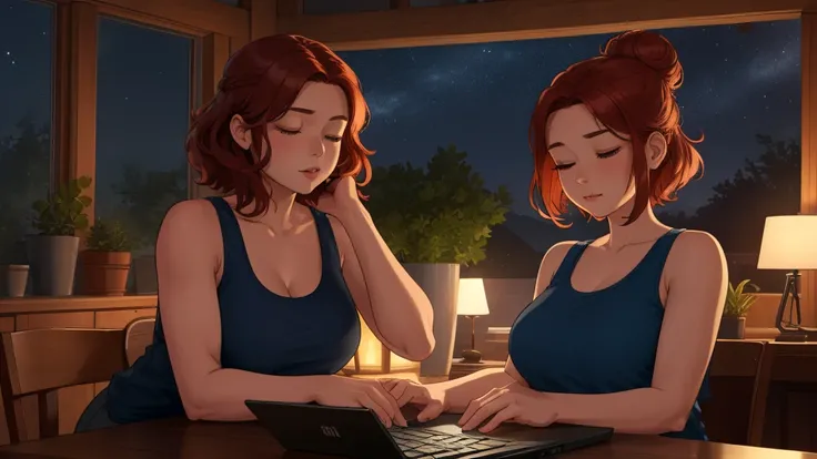 "A cozy indoor evening scene featuring A woman short auburn hair with big breasts with short, wavy auburn hair tied in a loose bun, sitting at a wooden desk. She has a fit and toned physique, wearing a pink tank top, and is typing on a sleek laptop with a ...