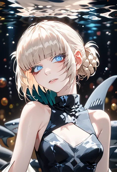 Anime style, 1 girl, 1 sexy girl, white pale skinned girl, porcelain skin, blue eyes, (HAIR: light blonde straight cut, long length, full bangs covering eyebrows, side framing fringe ) (BODY: half shark girl, neck gills, arm fins, dorsal shark fin )(best q...