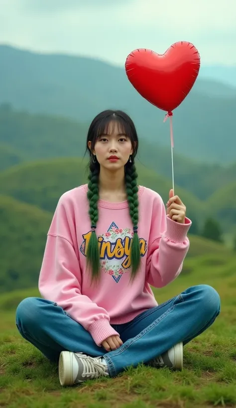  A beautiful  Korean woman, big nose, her hair in green elongated plaits, wearing pink printed switer "Vinsya ",  wears long jeans and sneackers , sitting cross-legged smiling on a green hill , right hand holding 1 heart balloon pictorial of beautiful woma...