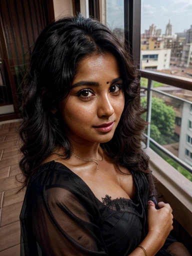 dark brown skin. latin face. Wearing a black saree and black blouse, enjoying with her pet dog in her  balcony, With fat cheeks. slim. black hair, wavy but with a very fluffy volume, . clear brown eyes. Black saree