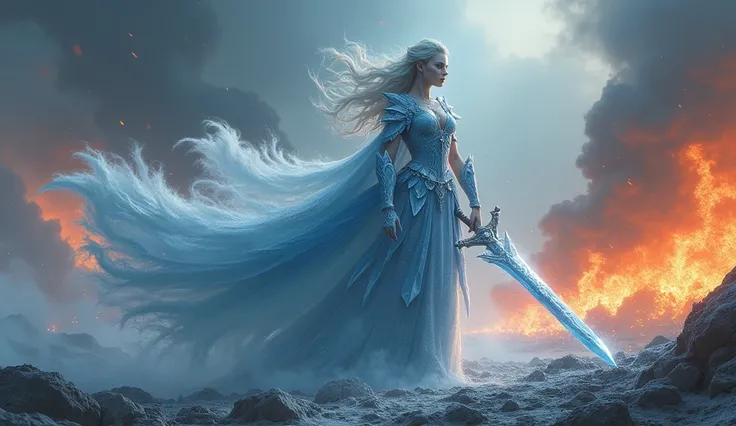 Frozen princess ready for war holding sword, fire and ash everywhere