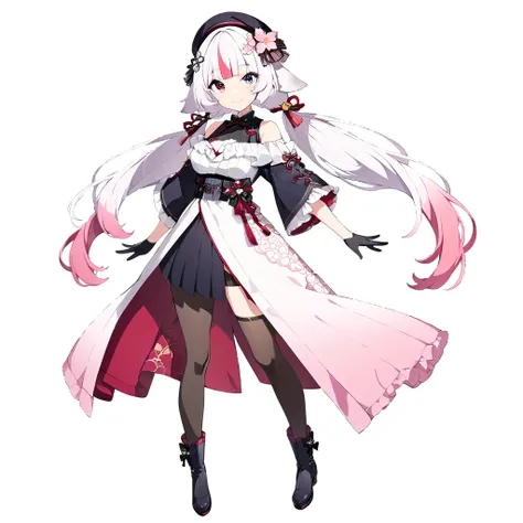 (full body, the front, solo, 1girl:1.2), (virtual youtuber), complex cloth, looking at viewer, (upright, arms at sides:1.2), concept art, ((white background)), ((simple background)), (sheep ears), white hair, pink dip-dye hair, very long hair, blunt bangs,...