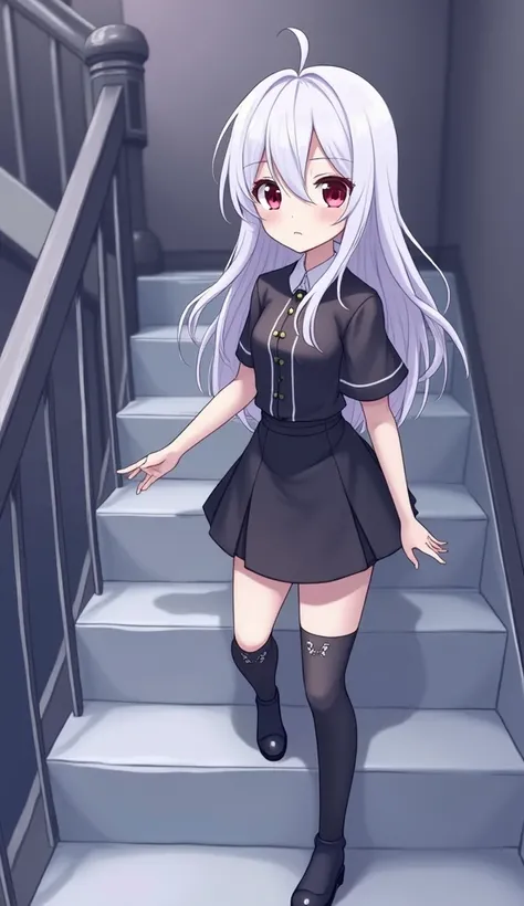   girl,  long whitw hair,  loose,  without fringe thrown to the side , dark red eyes, strong body,  serious expression ,  short black dress with long black boots, on a staircase of a dark mansion  [[[  high quality ]]][[[ tall details ]]] Ultra HD,   High ...