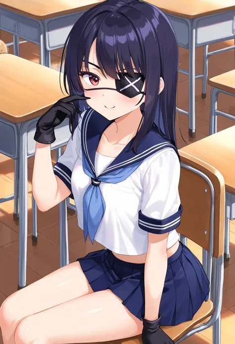  high image quality、8k、 sailor suit、Eye patch on one eye、one-handed black gloves 、 background school classroom、 sit on the chair 、Chuunibyou