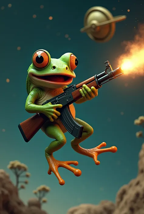 Draw a frog hovering an ashkudishka while flying in space and firing an AK-47 at Tokha 2x2