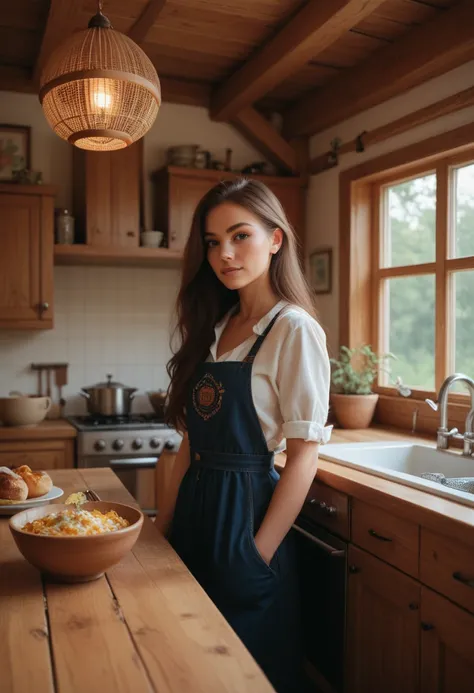 girl in the kitchen of a wooden house, Ukrainian woman, Brunette, long hair