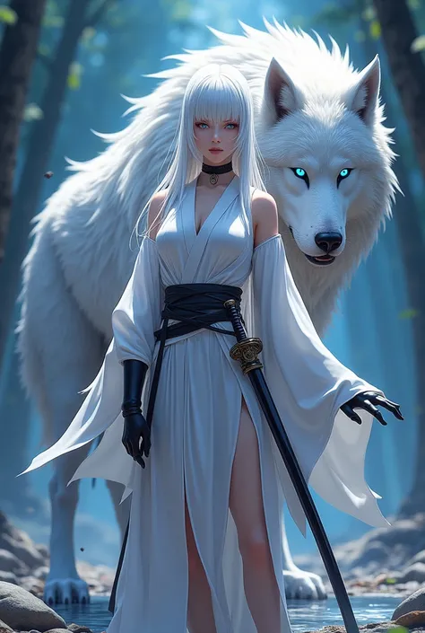 Sexy anime woman, Albina blue eyes in demon hunters uniform and white Haori with two katanas around her waist and a white-eyed wolf with blue eyes bigger than her on one side. 