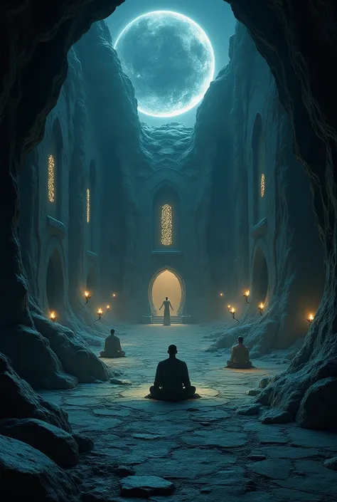 An ancient monastery carved into the shadowed side of a moon, illuminated only by the light of a permanent eclipse. Monks, their forms glowing faintly, meditate in silence, each surrounded by a halo of light. The monastery’s architecture is a blend of futu...