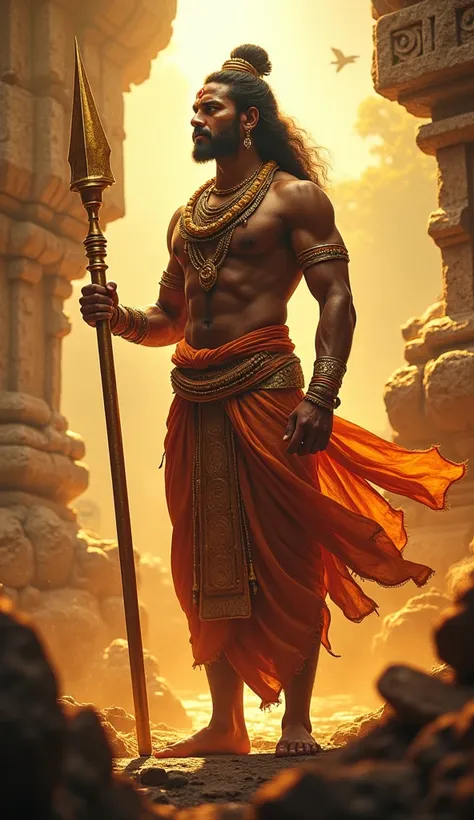 A cinematic portrayal of Lord Murugan, the revered Tamil deity, depicted standing majestically with his Vel (spear) in hand, surrounded by divine light. He is adorned with traditional South Indian ornaments and garments, with a serene and powerful expressi...