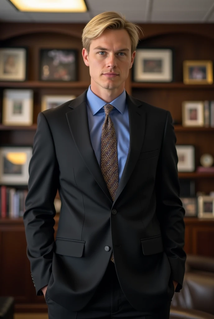 blond, short hair, Wearing a black suit，With a blue shirt and patterned tie, Standing posture, indoor office environment, Shelves with photo frames and items in the background, Soft lighting above, Professional and formal atmosphere.