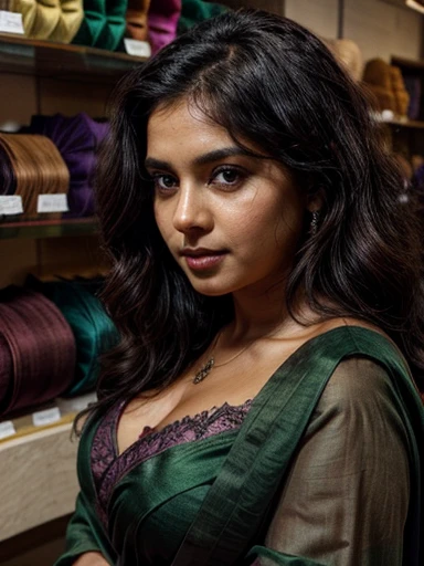 dark brown skin. latin face, hour glass body . Wearing a violet saree and green satin blouse, in a fabric shop,With fat cheeks. slim. black hair, wavy but with a very fluffy volume, . clear brown eyes. 