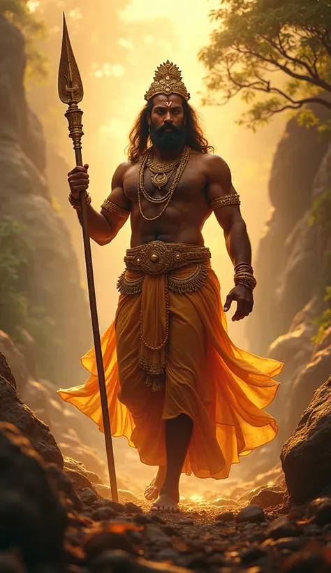 A cinematic portrayal of Lord Murugan, the revered Tamil deity, depicted standing majestically with his Vel (spear) in hand, surrounded by divine light. He is adorned with traditional South Indian ornaments and garments, with a serene and powerful expressi...