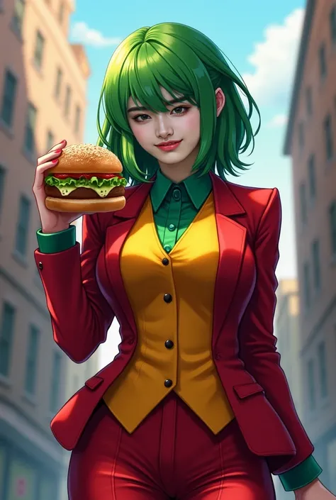 female joker, digital painting, green hair, red blazer, red pants, green collared shirt, yellow, yellow linen waistcoat, red eyes, clown makeup, crazy, yandere, city background, silly face, Big Boobs, sexy pose, sexy body, clear background, holding cigratt...