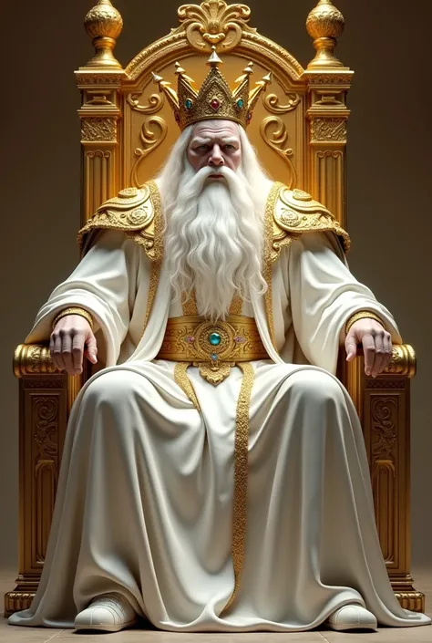 a great king posing , white skin,  with huge white hair over his shoulders ,  with a large white beard , facing forward,  with white robes long up to his feet ,  with a gold belt ,  a golden shoulder armor ,  a large shiny golden crown of precious stones o...