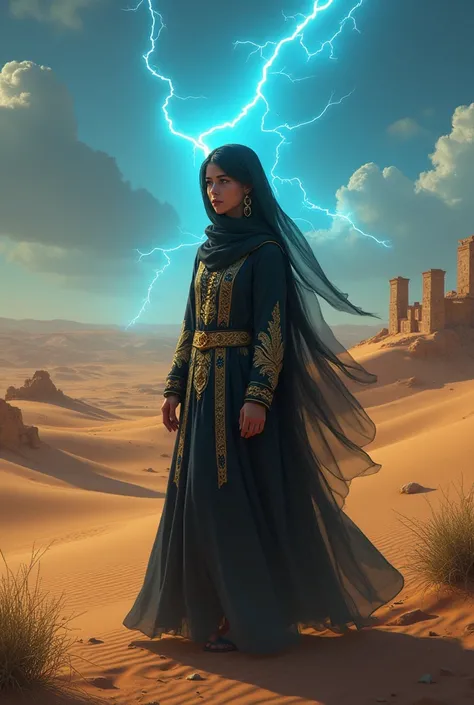 Sarah, in her mid-20s, her dark hair hidden beneath a beautifully embroidered abaya, stands at the edge of a sprawling desert. The fabric of her abaya ripples in the warm desert breeze, its intricate golden threads catching the eerie electric blue glow cra...