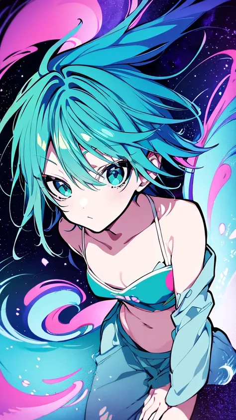 anime girl with blue hair and green hair with stars and clouds, anime vibes, dreamy psychedelic anime, 2 d anim e style, anime girl with teal hair, anime style hyper detailed, anime style mixed with fujifilm, anime style 4 k, decora inspired illustrations,...