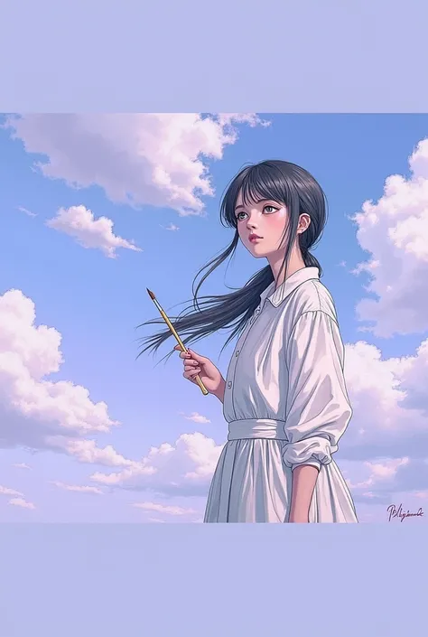 Violet colors, clouds, woman is artist and looked at sky with melancholy