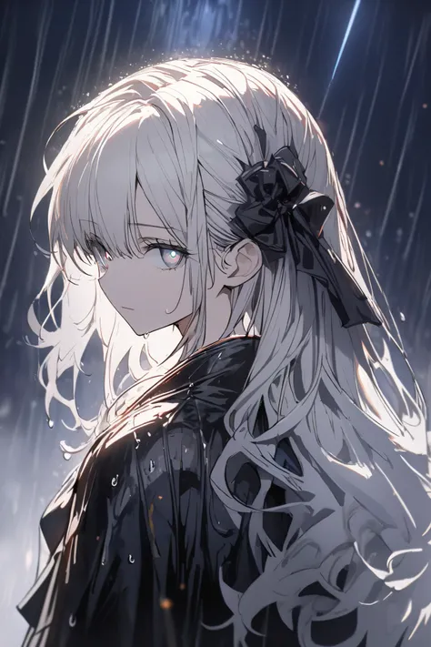 1 woman,Alone,1 woman,Alone,(( with beautiful, detailed eyes)), (Detailed light), depth of field ,(White hair),Silver eyes,The head covers one eye., long hair,Black Cloak,wet,Expressionless,Look back,night,Shooting star, Its raining,fog,sketch,Upper body,I...