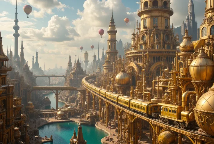  make a complex city huge village in the color of gold and polished copper shiny and reflective complex steampunk style with houses and leftovers made of metal and long and wide pipes of steam passing through every city and gigantic industrial machines wit...