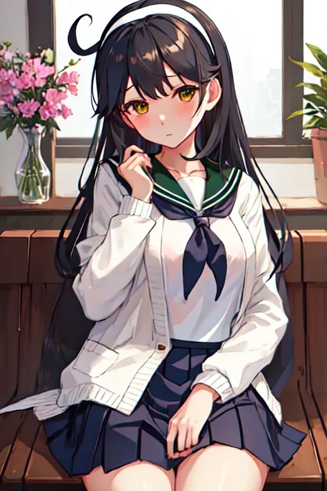  top quality, masterpiece,  high definition , Alone, {Ushio_  Fleet Collection:1.15}, length_hair, black_hair,  , brown_eye, , chest, Sera Clothing, big_chest,  1 girl, green_Sailor_ color,  watching _in_ viewer, Sailor_ color, School_uniform, green_ skirt...