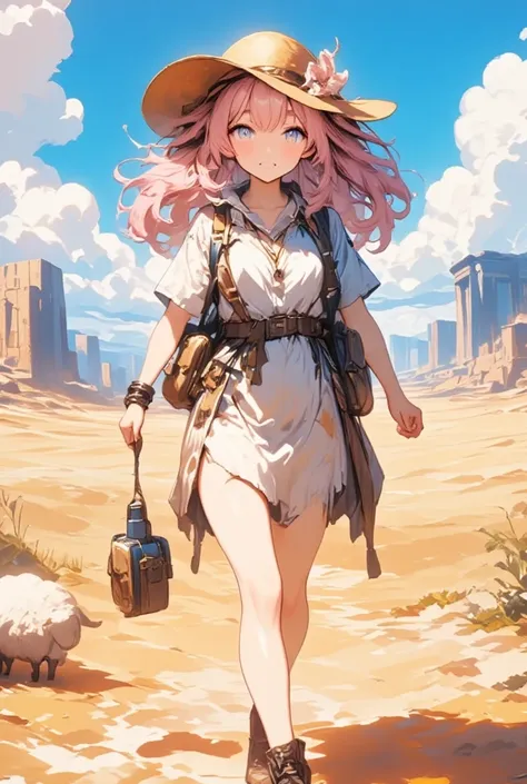 Picture a vast desert landscape where an ultra-cute sheep girl with her fluffy, pink hair softly ripples in the gentle desert breeze. She strides confidently on this sun-baked terrain, dressed as a fearless explorer prepared for the harsh elements. A sunha...