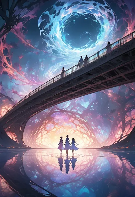 A bridge stretches across a vast, glowing abyss, its structure made of shifting, translucent material. Beneath the bridge, swirling energies pulse like a living heartbeat, revealing glimpses of alternate realities. Travelers on the bridge appear as silhoue...