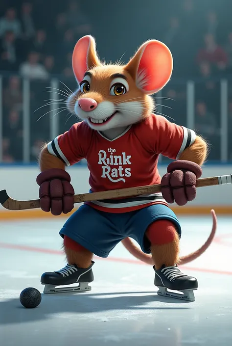 Generate a picture of a muscular rat playing hockey with a jersey that says The Rink Rats